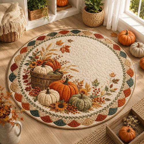 Fall pumpkin round quilted rug with a bushel basket and sunflower on a sunny wood floor beside a window
