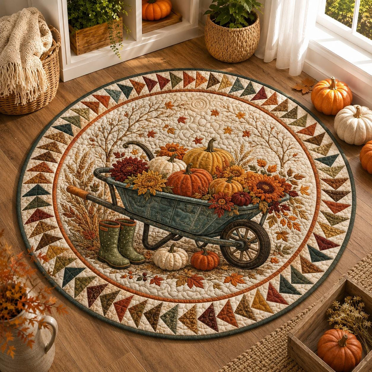 Fall pumpkin wheelbarrow round quilted rug on a wood floor in a sunny corner with baskets and pumpkins