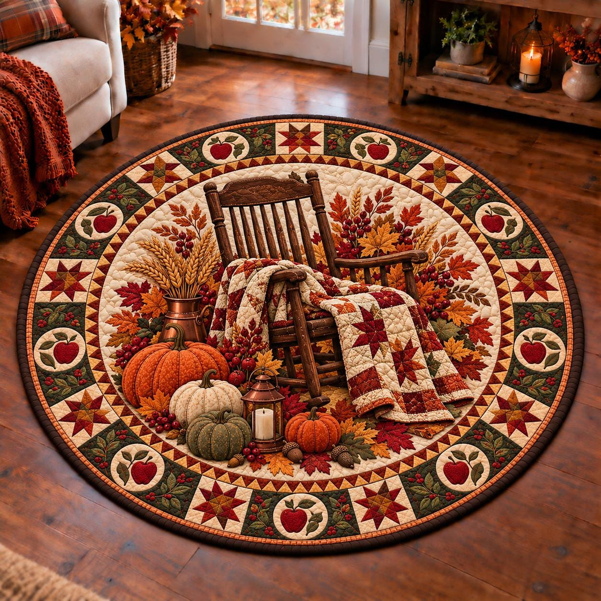Fall rocking chair round quilted rug on a wood floor near a sofa, rust throw and glowing candles