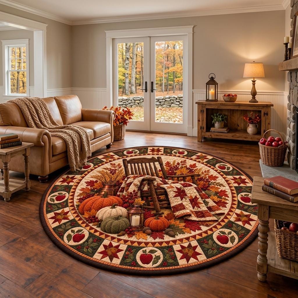 Rocking chair fall rug in a farmhouse living room with a leather sofa, French doors and a basket of apples