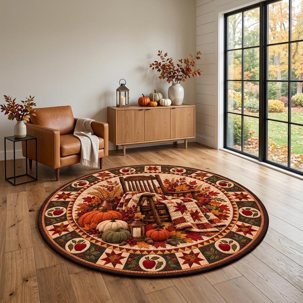 Fall rocking chair rug in a modern room with black-framed windows, a leather chair and autumn branches