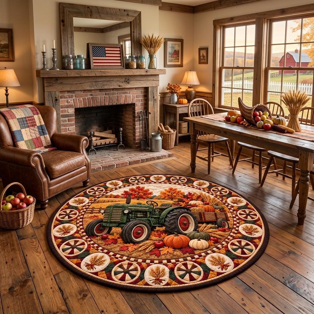 Fall tractor round rug in a farmhouse room with a brick fireplace, leather chair and harvest table