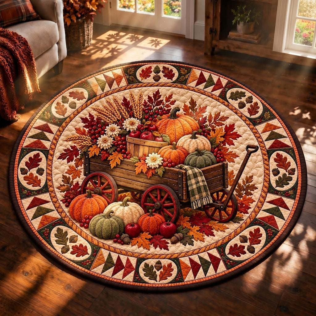Round harvest wagon rug in late afternoon sun streaming through a window onto a wood floor