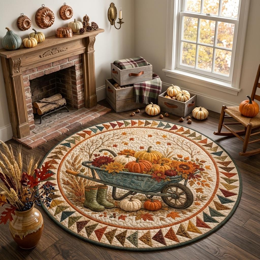 Rustic fall wheelbarrow rug by a brick fireplace with wooden crates, white pumpkins and a rocking chair