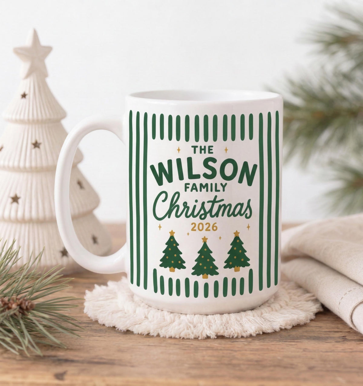 Green stripe family Christmas mug with Christmas trees, The Wilson Family Christmas 2026