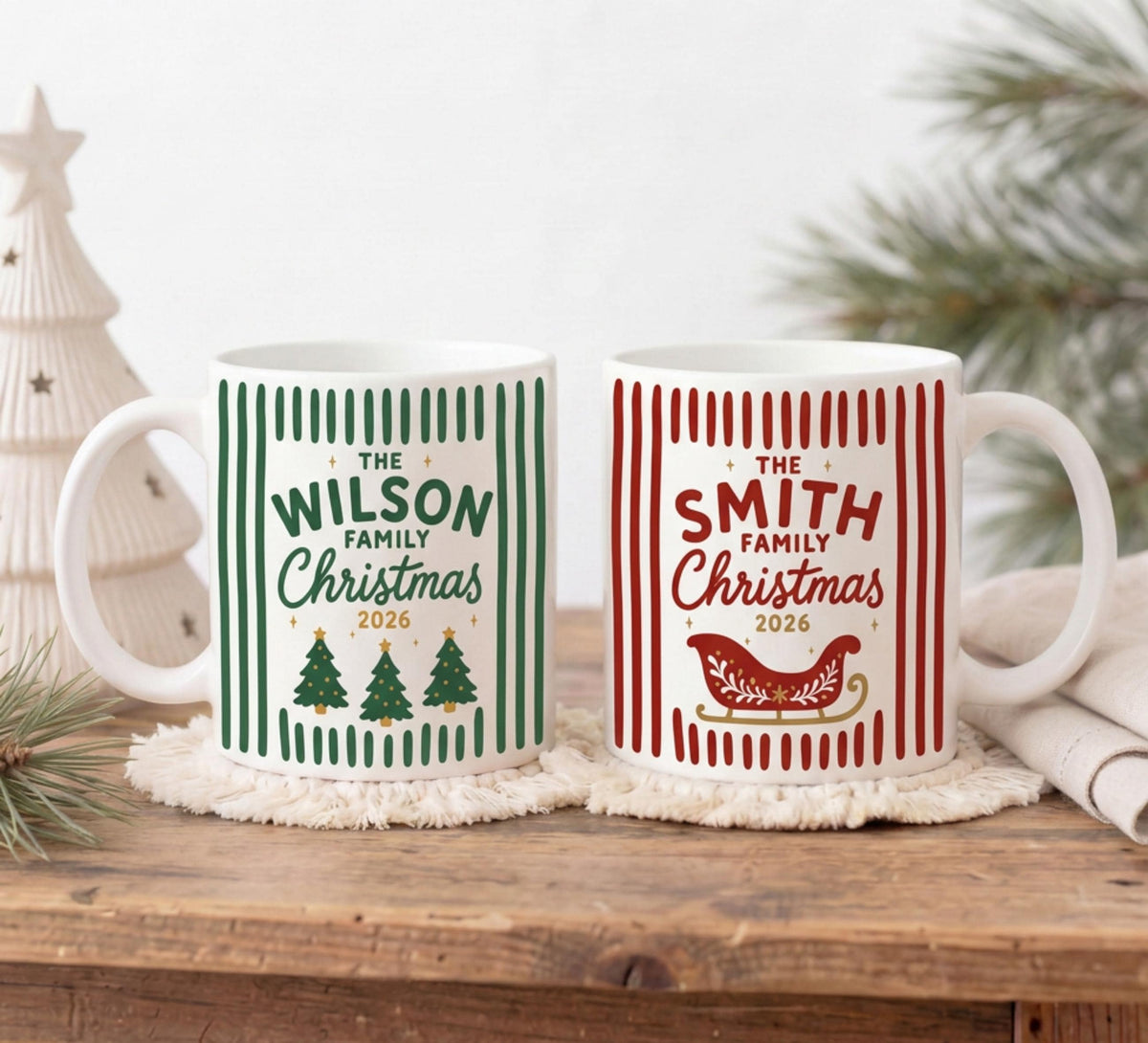 Two personalized family Christmas mugs with green and red stripes for The Wilson Family and The Smith Family 2026