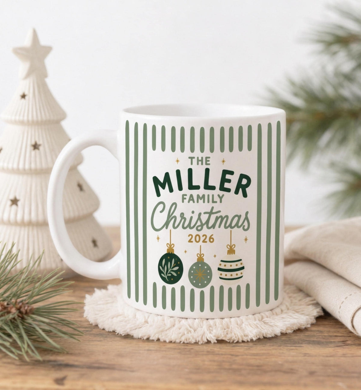 Sage green stripe family Christmas mug with ornaments, The Miller Family Christmas 2026