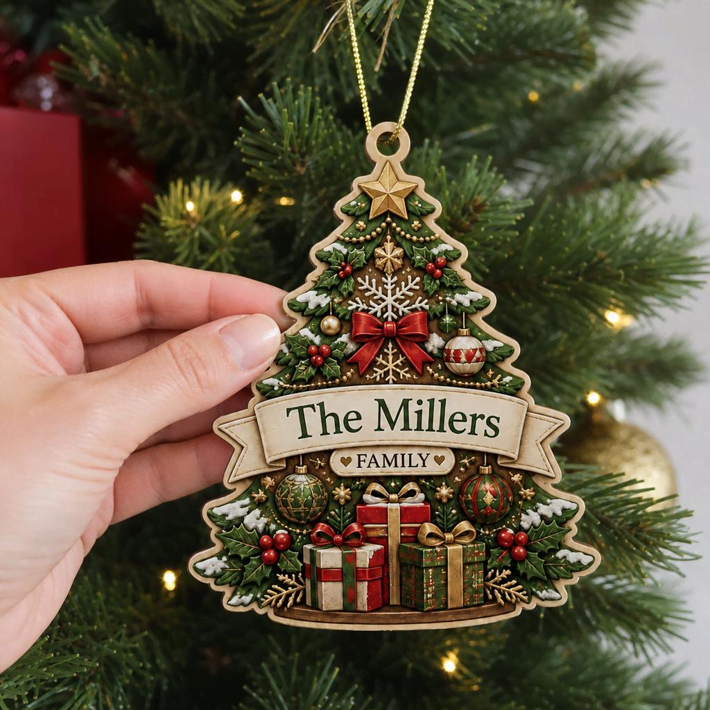 Hand holding the family Christmas tree wooden keepsake ornament in front of evergreen