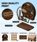 Layer view of the round family library book tracker with ladder piece, number cards, wooden base and gift box