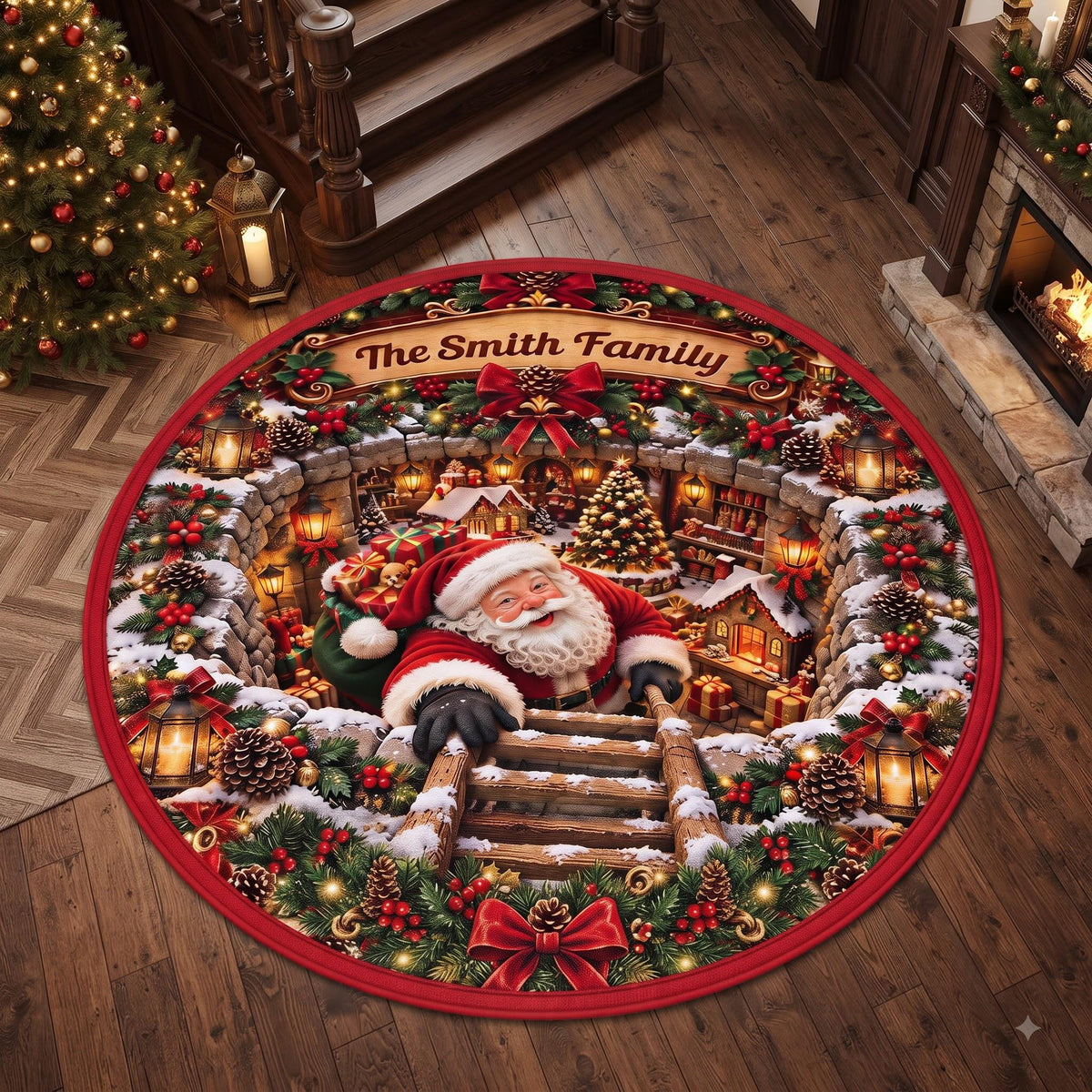Family name Christmas round rug near a staircase and tree