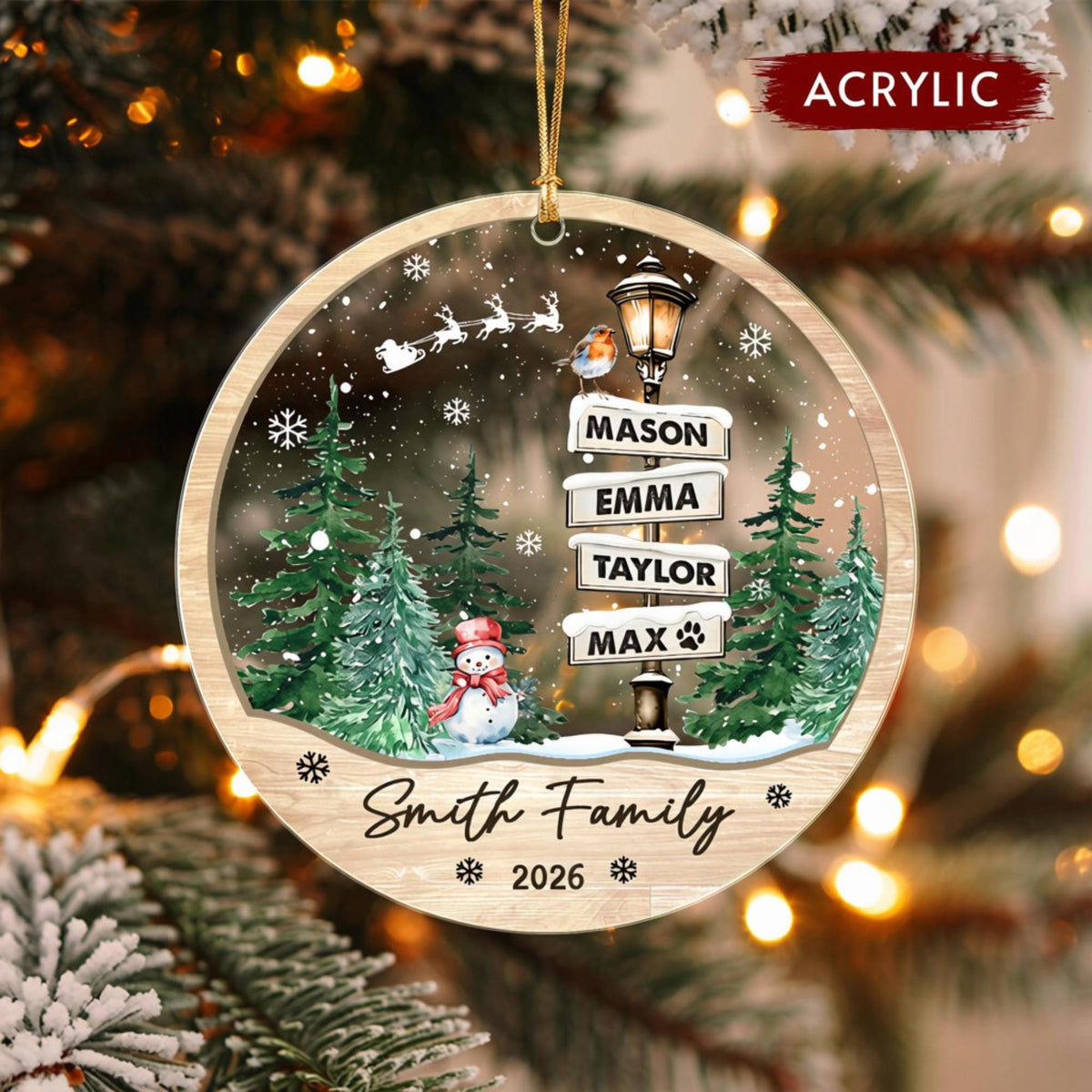Personalized Smith Family signpost acrylic ornament with four names, a snowman and 2026