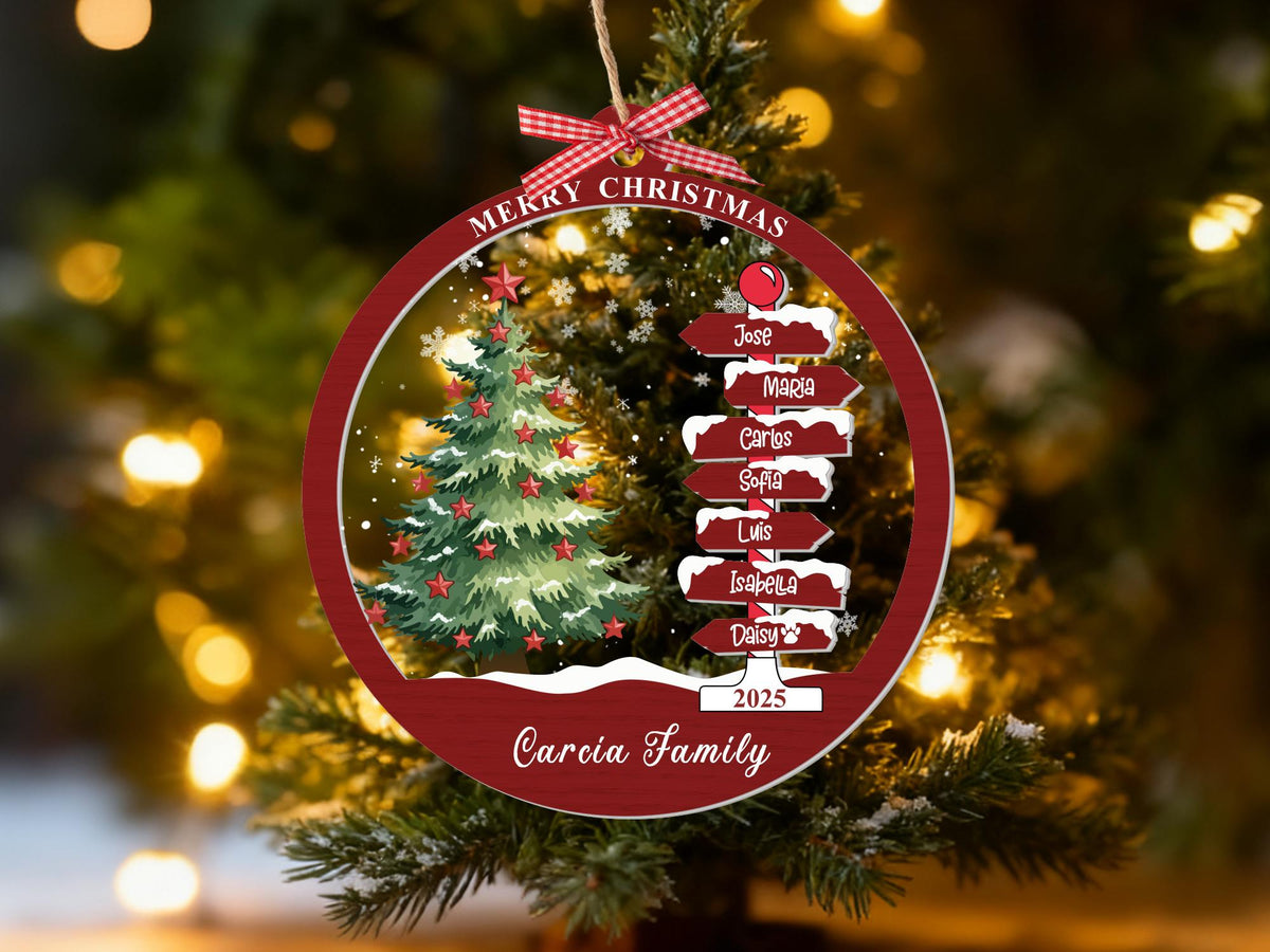 Personalized family name ornament in red with a Christmas tree and signpost of names