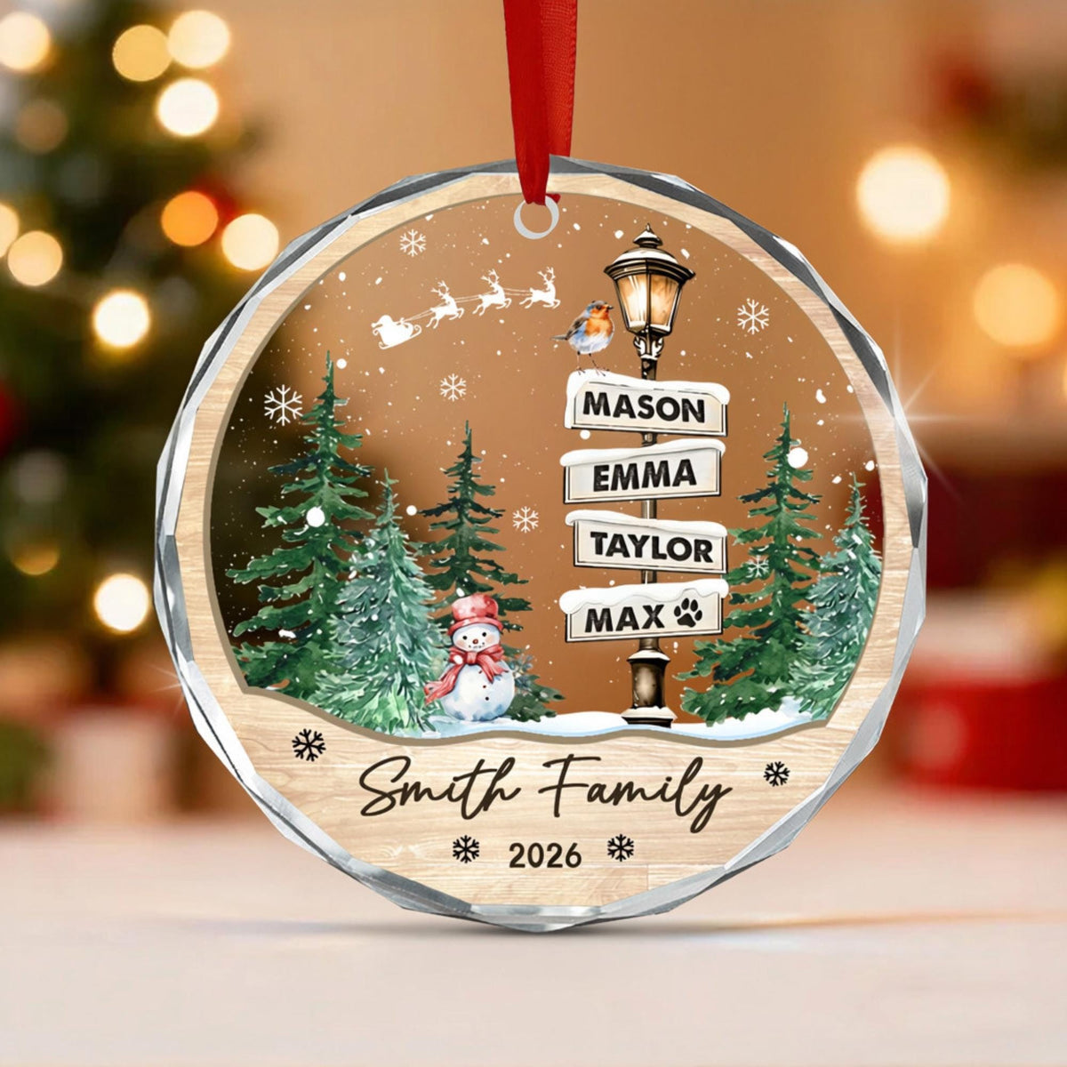 Personalized family names signpost glass ornament with Mason, Emma, Taylor, Max and Smith Family 2026