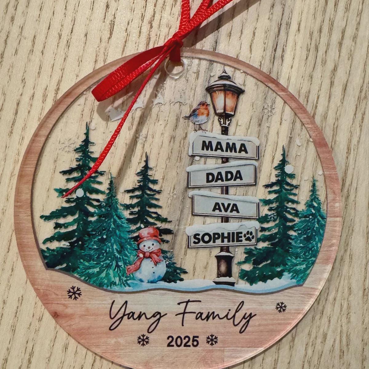 Clear acrylic family signpost ornament with Mama, Dada, Ava and Sophie