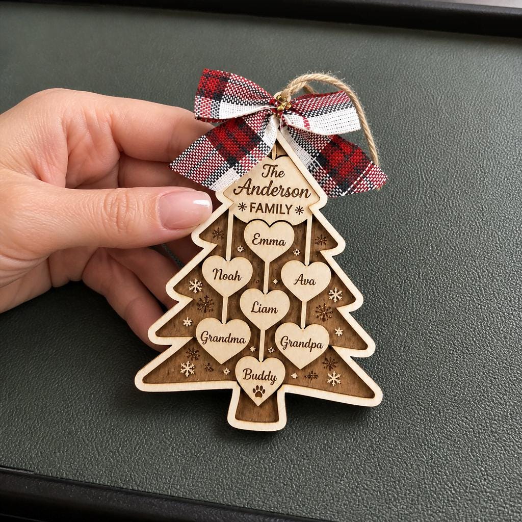 Angled view of a wooden family tree ornament with names and plaid bow