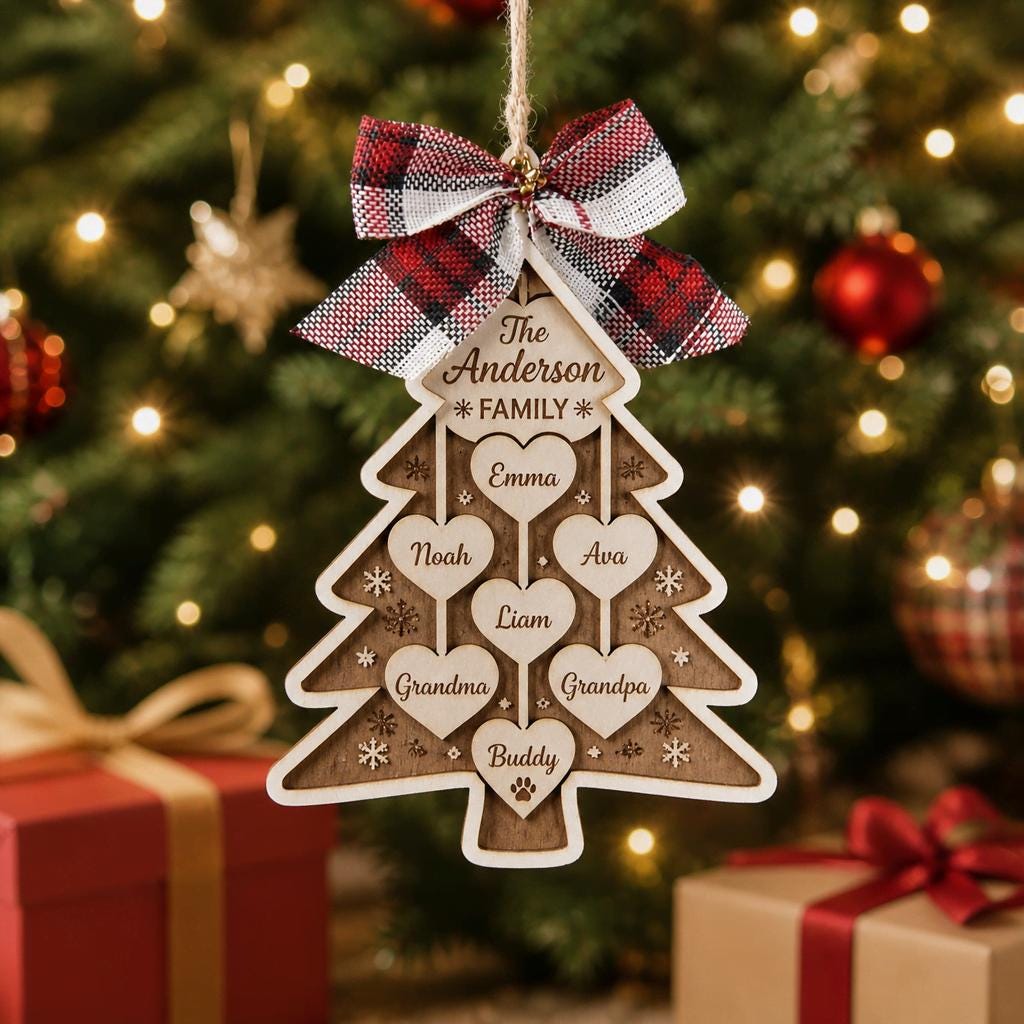 Family tree wooden ornament with names in hearts and plaid bow by a Christmas tree