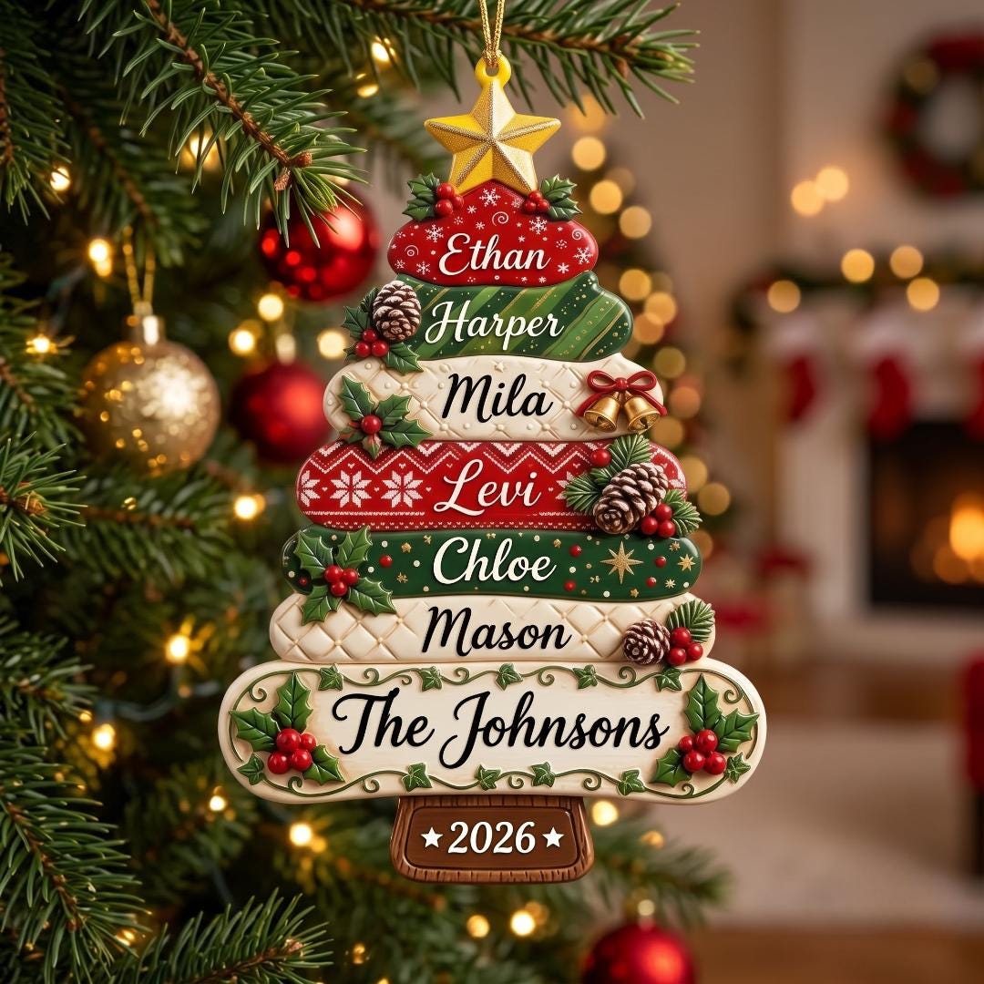 Family Christmas tree ornament with six names on knit and plaid layers