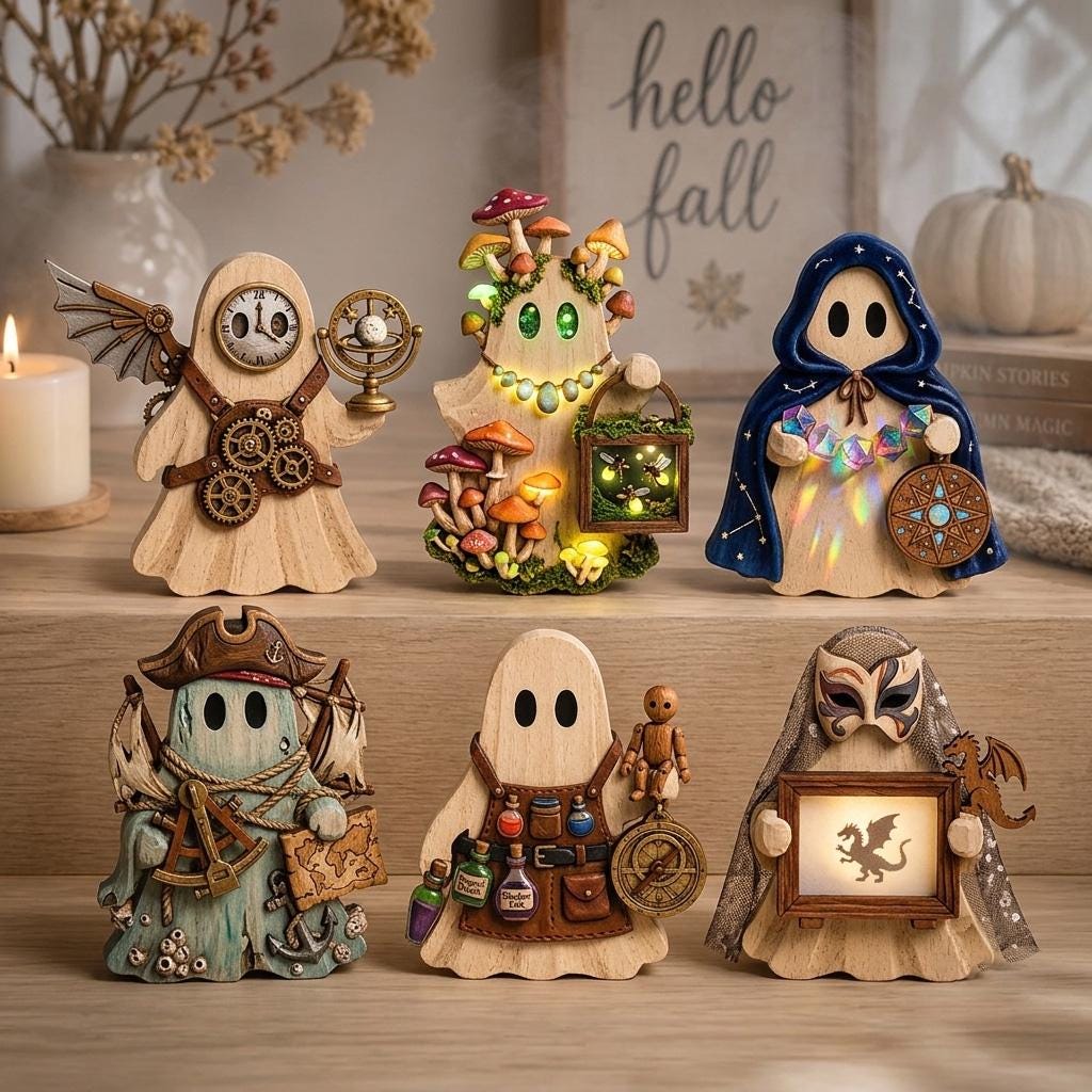 Six fantasy wooden ghost shelf sitters: inventor, forest spirit, wizard, pirate, alchemist and dragon keeper