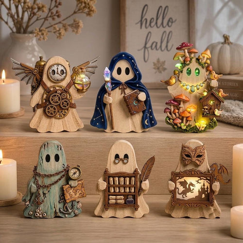 Six fantasy wooden ghost shelf sitters: inventor, wizard, mushroom forest guardian, sea explorer, librarian and dragon keeper