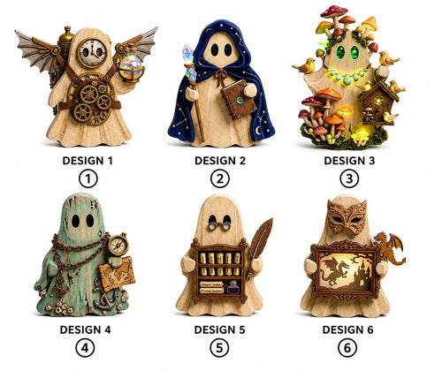 Fantasy ghost shelf sitter designs 1 to 6 shown side by side