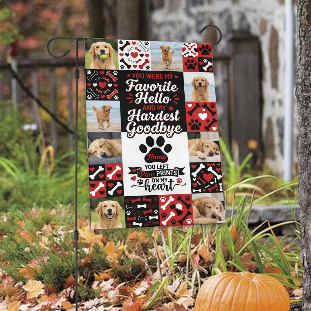 Favorite Hello Hardest Goodbye dog memorial photo collage garden flag among autumn leaves with a pumpkin