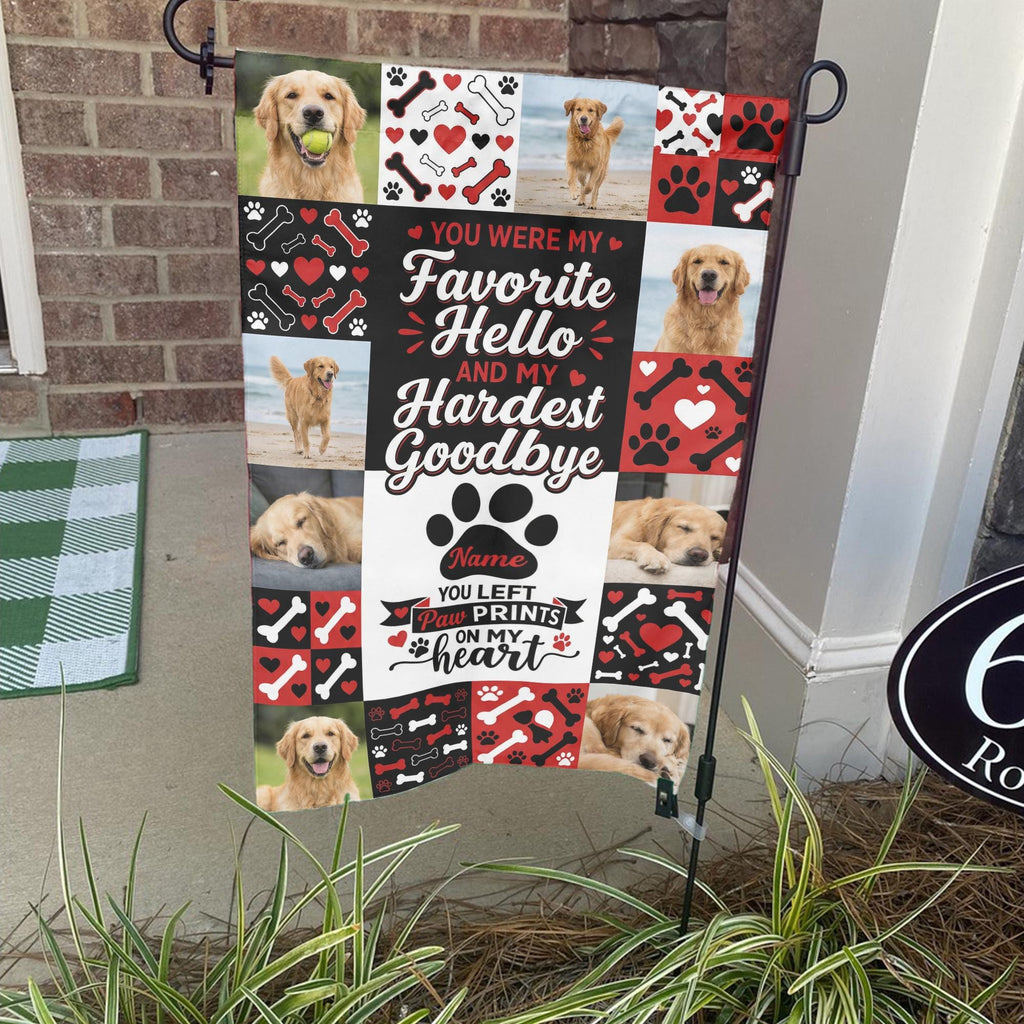 Favorite Hello Hardest Goodbye dog memorial photo collage garden flag on a stand by a brick front porch