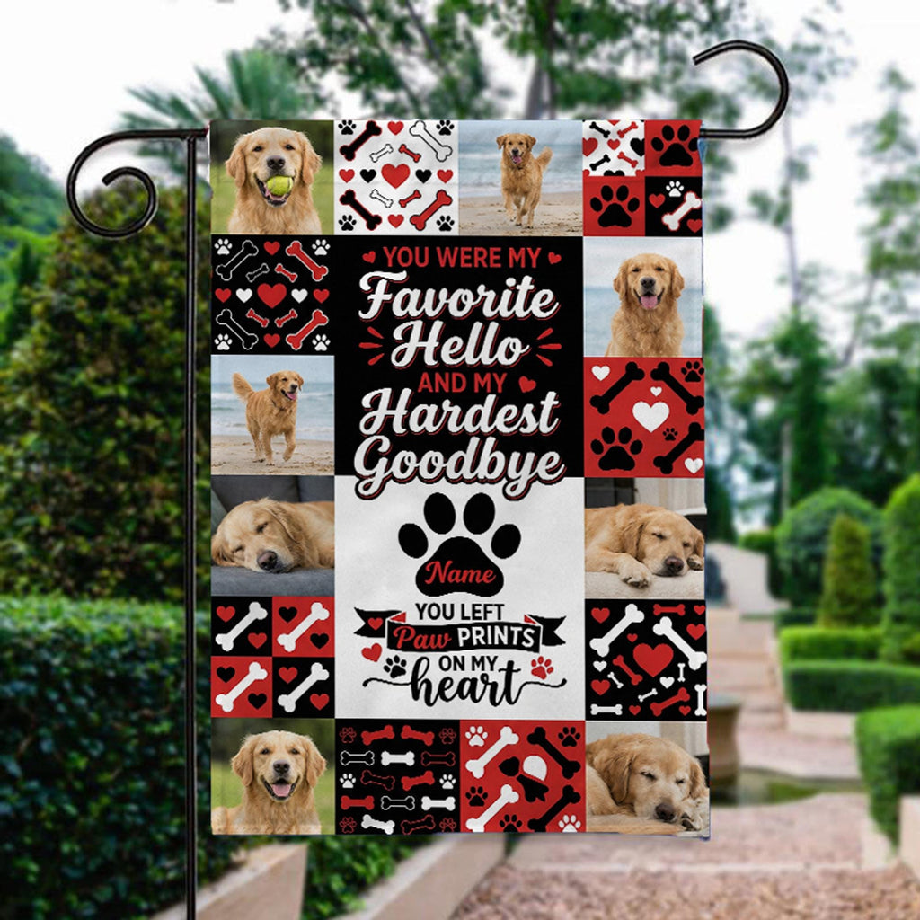 Favorite Hello Hardest Goodbye dog memorial photo collage garden flag beside a stone garden path