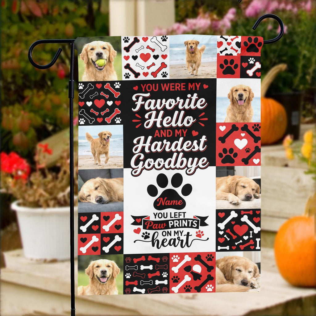 Favorite Hello Hardest Goodbye dog memorial photo collage garden flag on porch steps with pumpkins and flowers