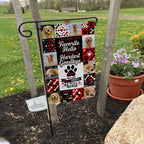 Favorite Hello Hardest Goodbye dog memorial photo collage garden flag on a garden flag stand in a yard with potted flowers
