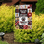 Favorite Hello Hardest Goodbye dog memorial photo collage garden flag in front of bright yellow shrubs