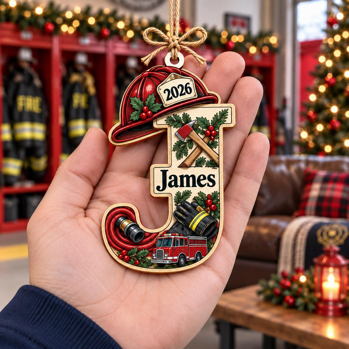 Hand holding a personalized firefighter initial J ornament with fire helmet, truck and name