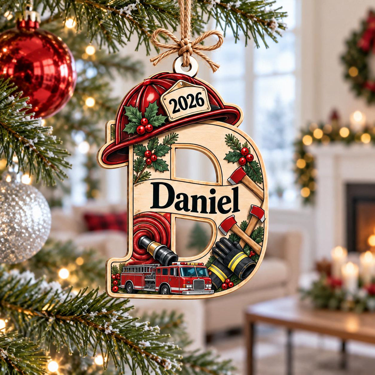 Personalized firefighter initial D wooden ornament with 2026 helmet hanging by a fireplace