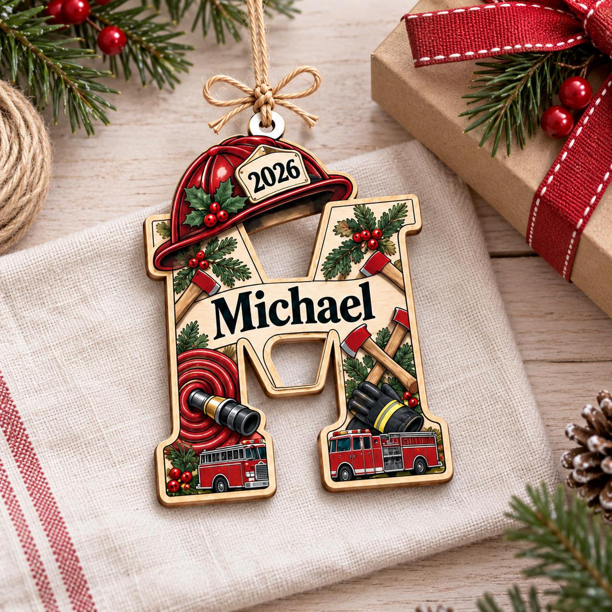 Firefighter letter M wooden ornament with helmet, hose and fire truck on linen