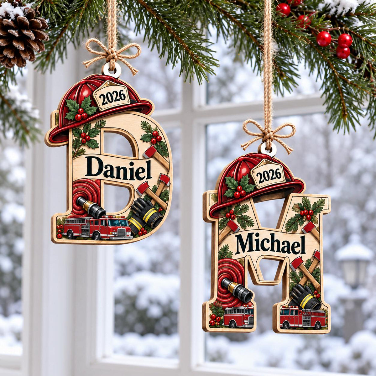 Two firefighter initial wooden ornaments, letters D and M, hanging by a snowy window