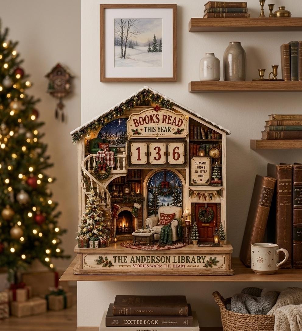 Fireside staircase Christmas book tracker showing 136 books read on a wall shelf beside old books and a snowflake mug