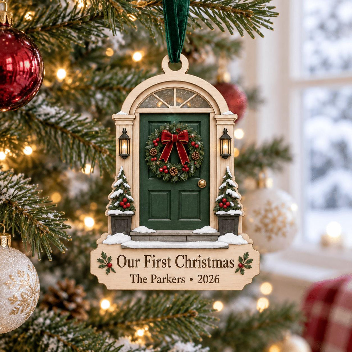 Our First Christmas green front door wooden ornament with family name on tree