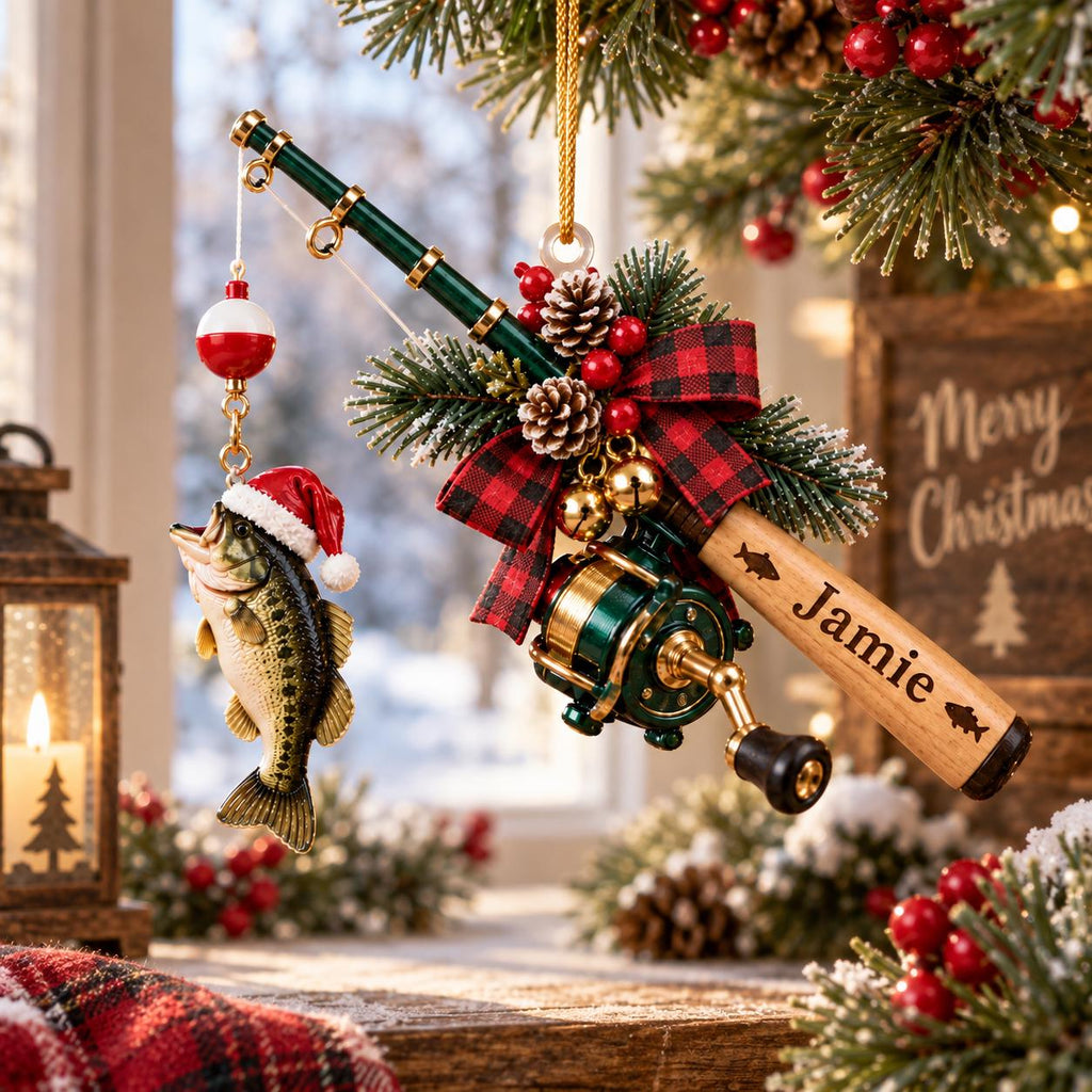 Personalized fishing rod ornament with name Jamie hanging on a Christmas tree