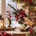 Personalized fishing rod ornament with name Jamie hanging on a Christmas tree
