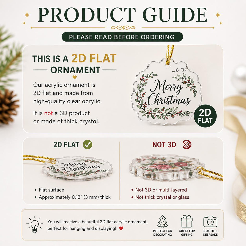 Product guide showing the fishing ornament is flat 2D acrylic