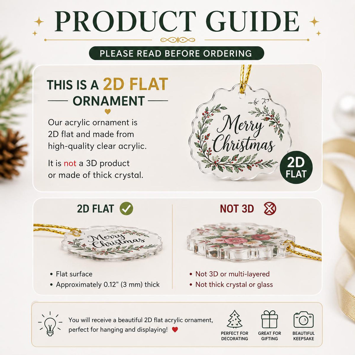 Product guide showing the fishing ornament is flat 2D acrylic