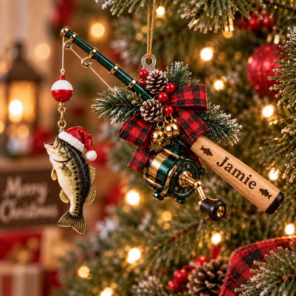 Fishing rod and reel ornament with bass in Santa hat and plaid bow
