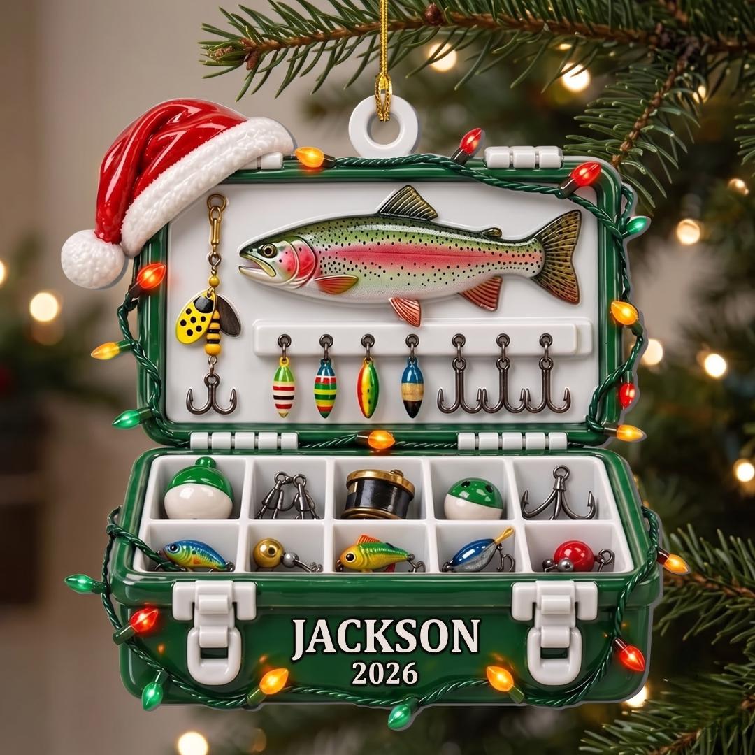 Green fishing tackle box ornament with Christmas lights and a rainbow trout