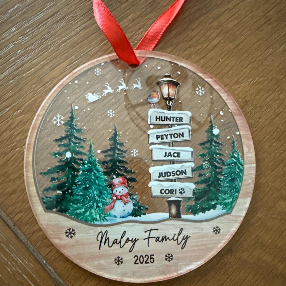 Family names acrylic ornament with five names on a snowy lamppost signpost