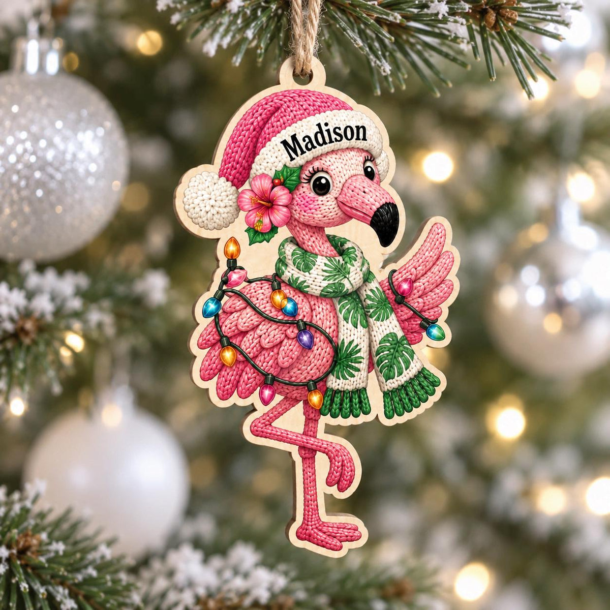 Pink flamingo in a Santa hat and scarf wooden ornament on a Christmas tree
