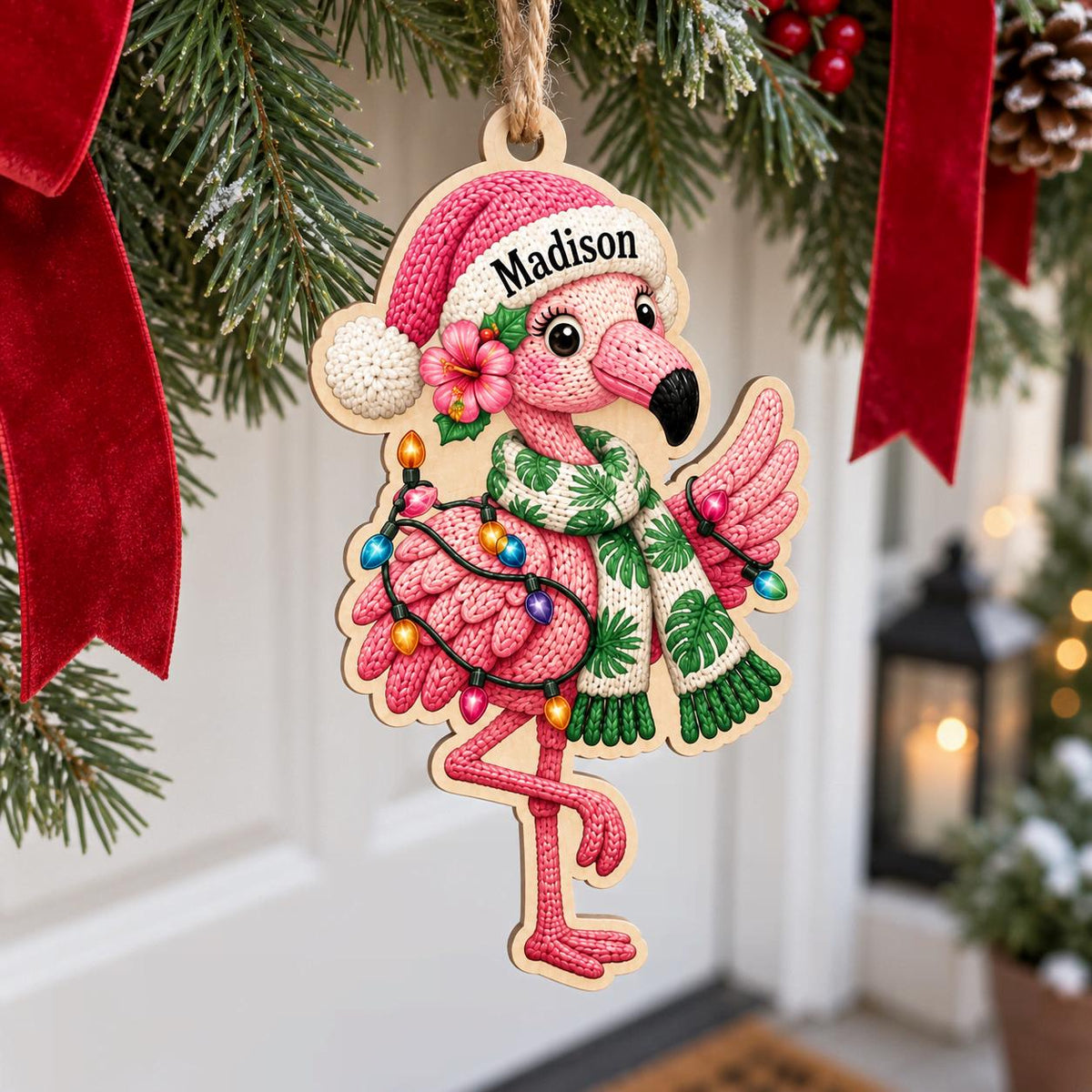 Flamingo in a pink Santa hat wooden ornament hanging by a front door