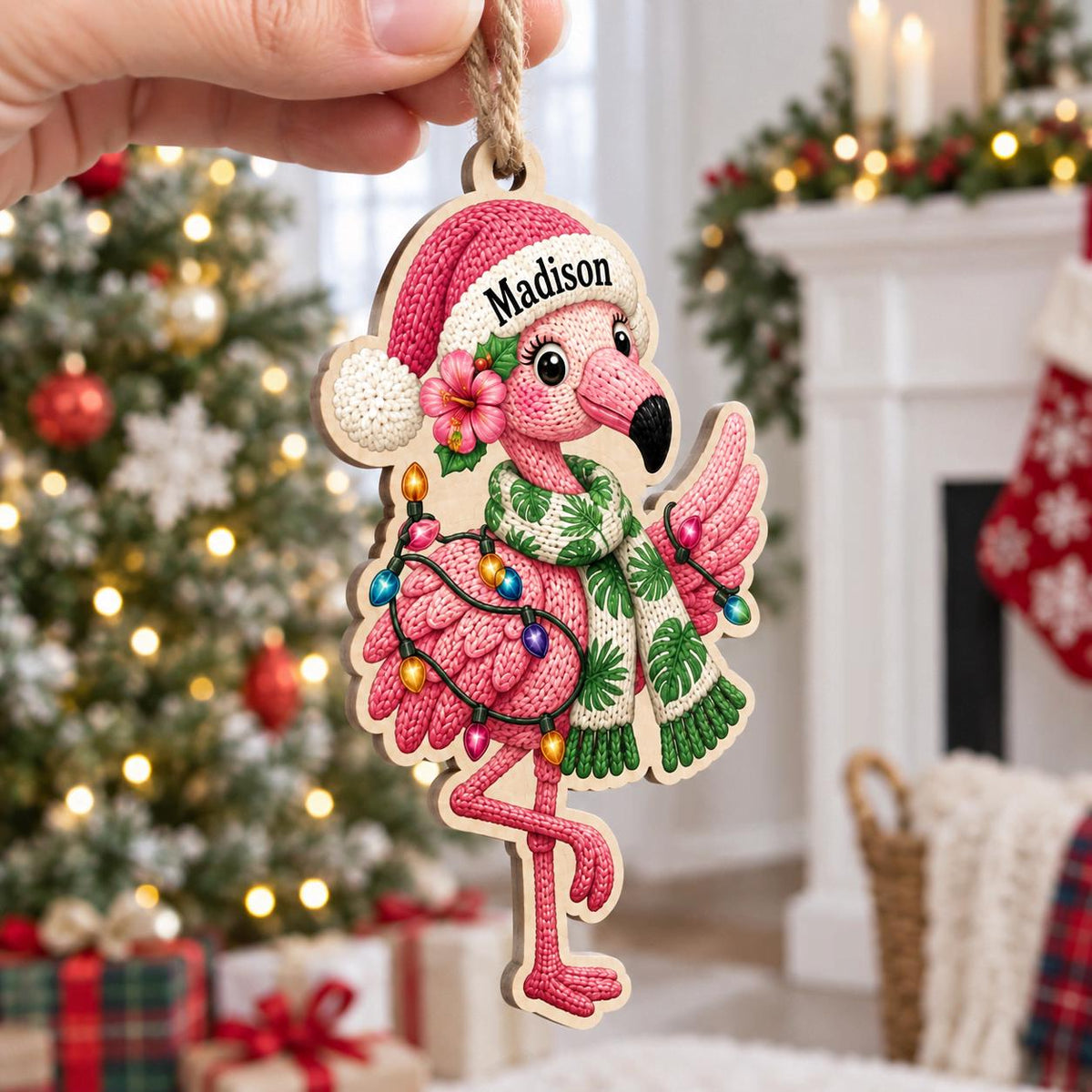 Hand holding a personalized pink flamingo wooden ornament in a Santa hat with string lights