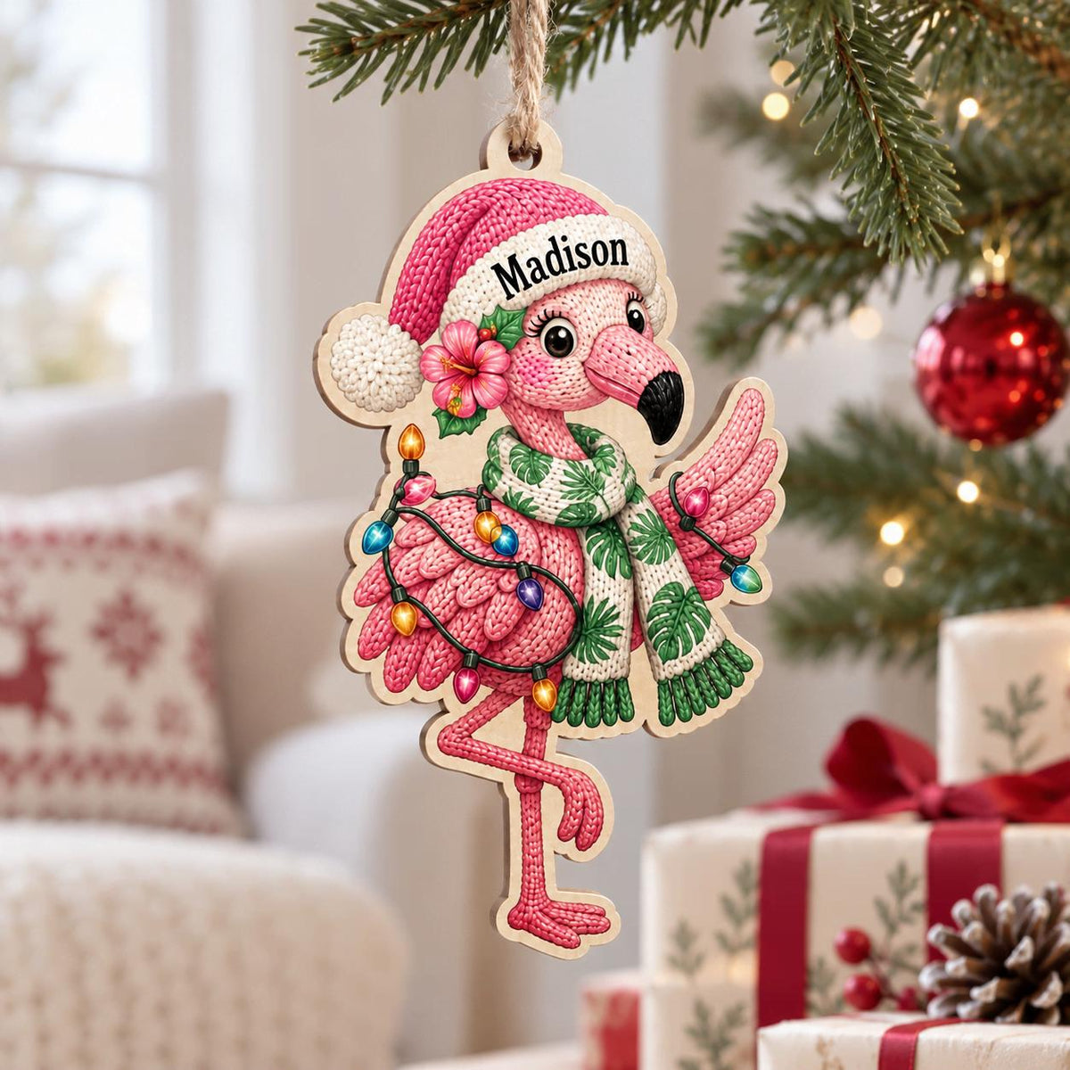 Personalized flamingo string lights wooden ornament hanging in a cozy living room