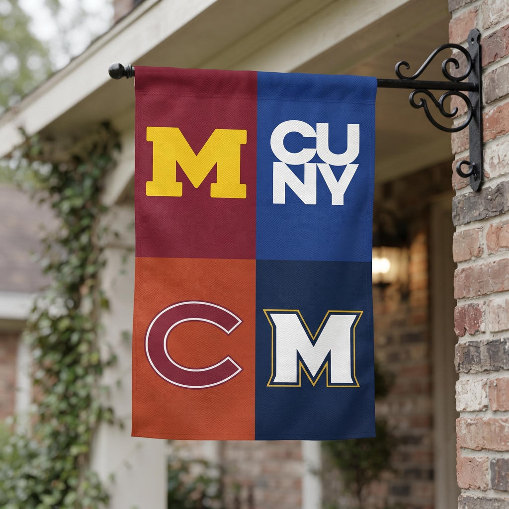 Four-team block letter flag hanging from a porch wall bracket
