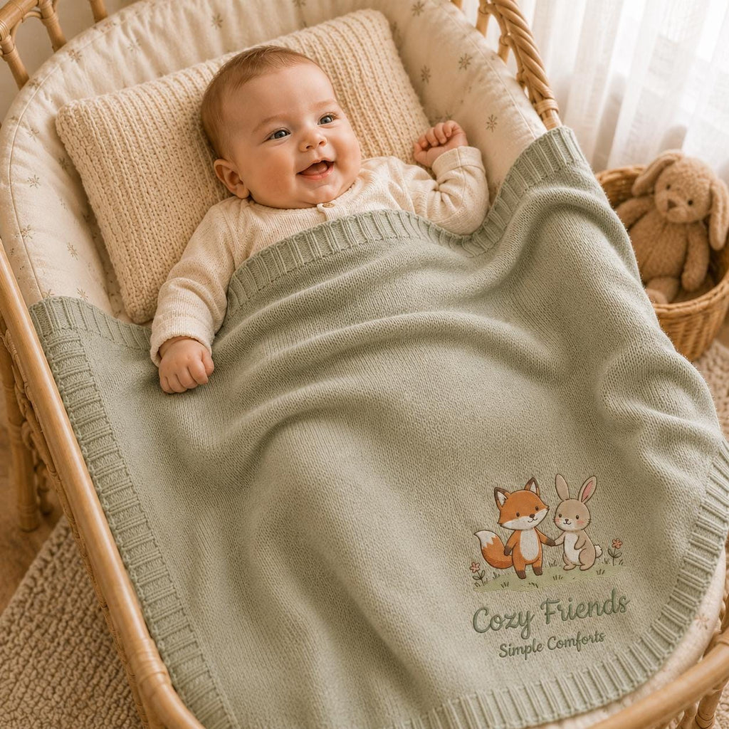 Smiling baby in a rattan bassinet tucked under a sage green fox and bunny embroidered knit baby blanket