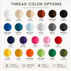 Embroidery thread color chart with two dozen thread shades from white and ecru to navy, rose and olive
